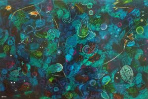 Original abstract painting of sea plankton.