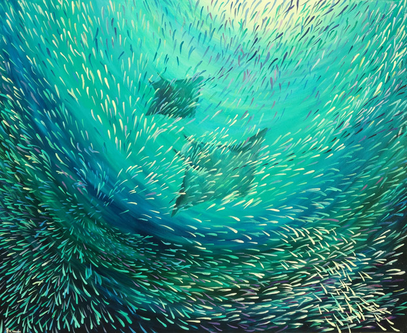 Mobula Rays in fish shoal abstract painting